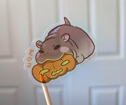 StickiPaper - Feisty Baby Hippo Chomping Pumpkin Sticker